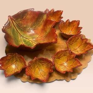 Autumn Leaves Salad/Soup Ceramic Bowl 12"W x 4.5"T and 6 Small bowls 5.5"W x 3"T